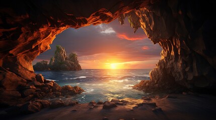 Mountain cave overlooking a beautiful neon sunset. Generation AI