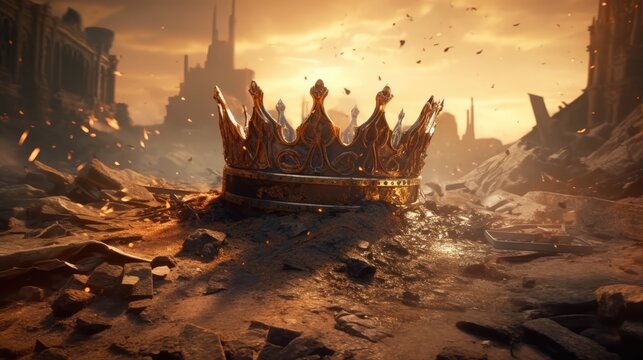 An Old crown falls to the ground in a destroyed country. Generative AI	