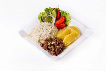 mashed potatoes with boiled rice, stewed meat, tomatoes. on a white background