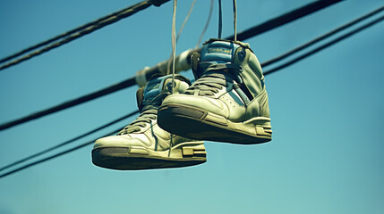 Urban Expression, Sneakers Hanging on a Telephone Wire Against the Blue Sky, Generative AI - obrazy, fototapety, plakaty