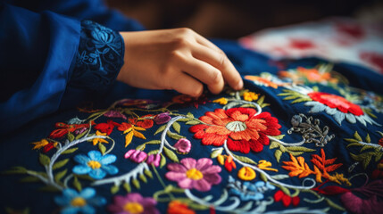 Fototapeta na wymiar Modern Ethnic Folk Embroidery, Traditional Embroidery, Needlework, Stitching, Patterns. Hand Embroidery for Beginners. Satin Stitch in Hand Embroidery