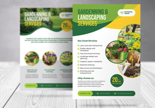 Landscape Gardening Services Lawn Care Flyer Template with Green and Yellow Accents