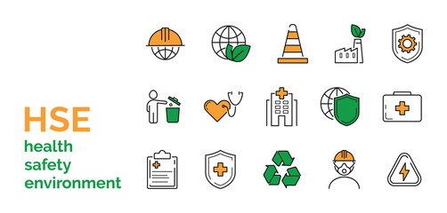 HSE color icon set in green, orange. Worker protection, Health Safety Environment. Vector.