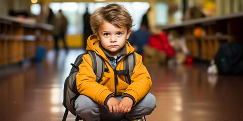 Touching scene of a teary-eyed, homesick preschooler alone in kindergarten corner.