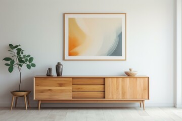 Bright airy room with wooden sideboard and picture frame. Generative AI