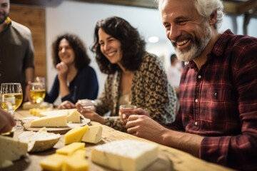 A group of people participating in a cheese tasting event, savoring various local cheese varieties. Generative AI - obrazy, fototapety, plakaty