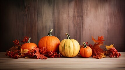 Vibrant Fall Harvest Background: Pumpkins and Fall Foliage on a Wooden Table. Suitable for seasonal decoration designs or creative projects about the beauty of nature in the harvest season.