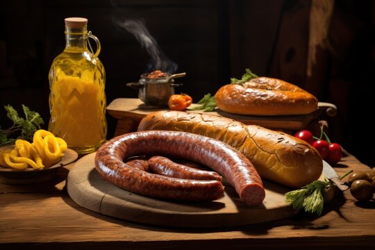 Kranjska klobasa, a traditional Slovenian sausage, served with mustard and fresh bread. Generative AI