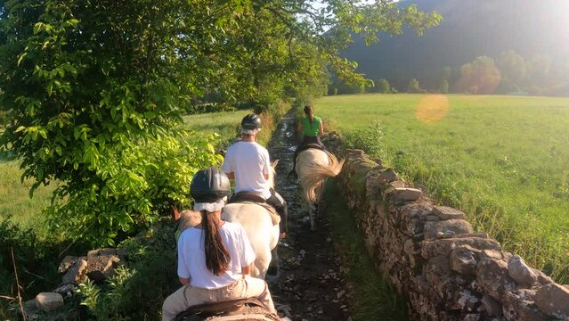 Group of tourist horse riding through nature and green forest and vegetation