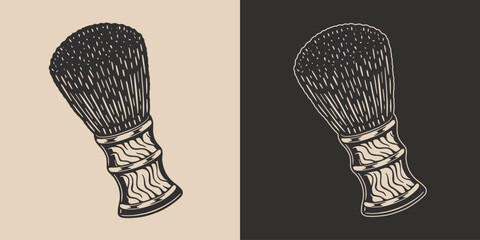 Vintage Retro woodcut linocut engraving barber shop element. Classic professional shaving brush. Can be used for logo, emblem, badge, mark, poster design. Monochrome Graphic Art. Vector.