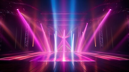 Fototapeta na wymiar Spectacular empty stage for a show, neon light, safits, spotlights. Generation AI