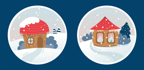 Winter snow landscape and houses on vector background with snowflakes falling from sky.
