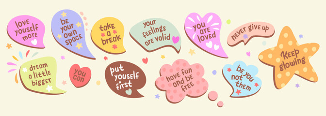 Vector collection of speech bubbles with affirmation. Self love and compliment phrases. - obrazy, fototapety, plakaty