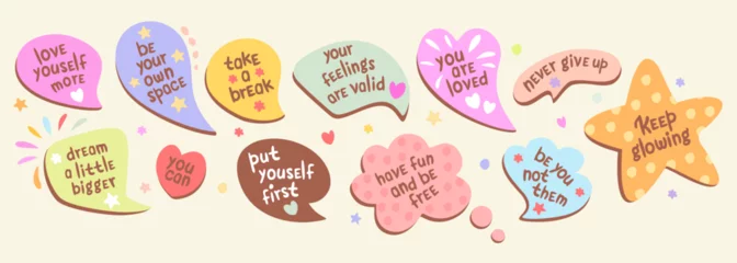 Papier Peint photo Lavable Typographie positive Vector collection of speech bubbles with affirmation. Self love and compliment phrases.