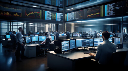 A busy and organized financial trading floor with traders monitoring multiple screens and making quick decisions in a fast-paced, high-stakes environment - obrazy, fototapety, plakaty