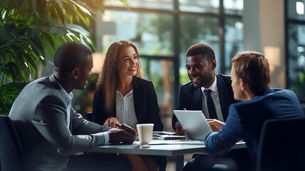 A diverse group of professionals in business attire gathered around a conference table, engaged in a lively and productive discussion during a corporate meeting - obrazy, fototapety, plakaty
