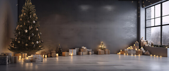 Loft apartment, room decorated Christmas tree, gift boxes, light, candles on concrete textured place. Modern interior mock up for holidays. Gorgeous New Year background. Generative ai.