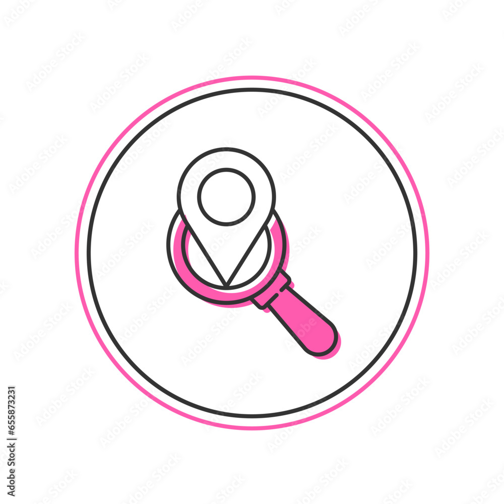 Poster filled outline search location icon isolated on white background. magnifying glass with pointer sign