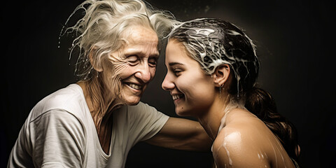 Touching moment of elderly mother showering her dependent daughter at home. - obrazy, fototapety, plakaty