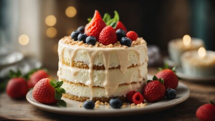 Close-up, delicious cake with cream and strawberries