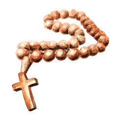 Christian Wooden rosary beads with a cross. Hand drawn watercolor illustration isolated on white background