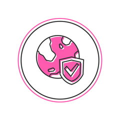 Filled outline Shield with world globe icon isolated on white background. Insurance concept. Security, safety, protection, privacy concept. Vector