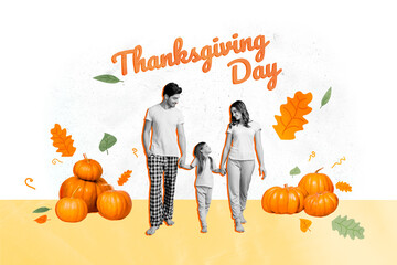 Photo cartoon comics sketch collage picture of charming family enjoying thanksgiving day together isolated creative background
