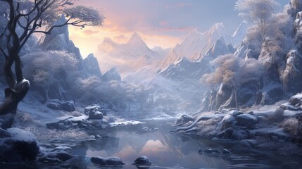 A snow-covered landscape bathed in light: a serene and majestic illustration of winter wonderland