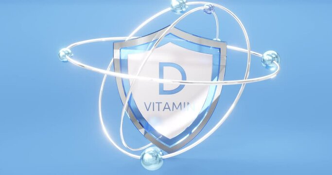 vitamin d inscription on the shield and atoms with orbits flying around. vitamin d protection concept, vitamin complex