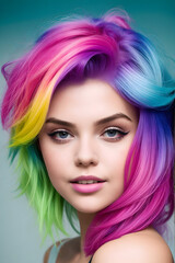 A young female model with rainbow-colored hair and positive composure
