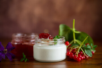 Prepared homemade yogurt with viburnum jam and viburnum .