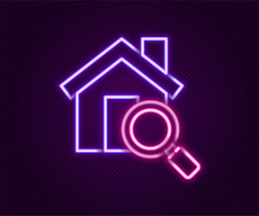 Glowing neon line Search house icon isolated on black background. Real estate symbol of a house under magnifying glass. Colorful outline concept. Vector