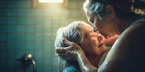 Poignant scene of elderly woman helping dependent friend with hair wash.