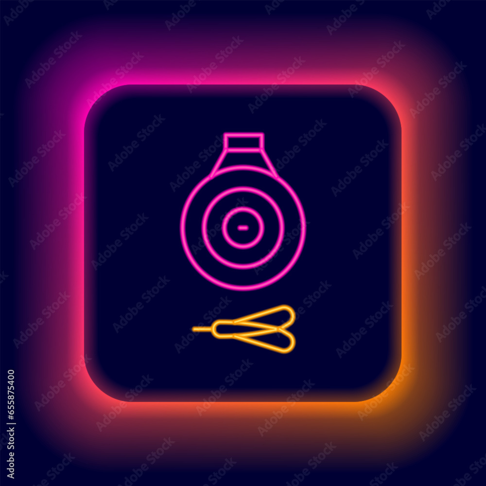 Poster glowing neon line classic dart board and arrow icon isolated on black background. dartboard sign. ga