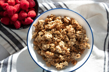 Homemade sourdough crunchy granola with a side of fresh raspberries.  