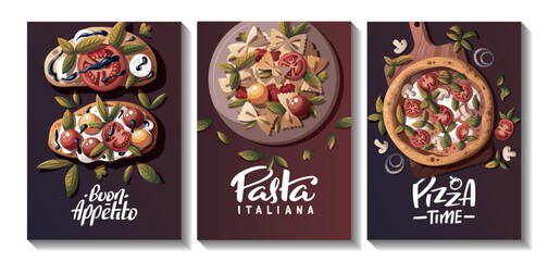 Set of cards with Italian pizza, pasta, bruschetta. Italian food, healthy eating, cooking, recipes, restaurant menu concept. Vector illustration for card, poster, banner.