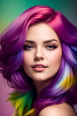 A young female model with rainbow-colored hair and positive composure