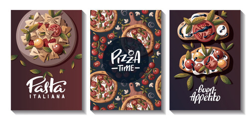Set of cards with Italian pizza, pasta, bruschetta. Italian food, healthy eating, cooking, recipes, restaurant menu concept. Vector illustration for card, poster, banner.