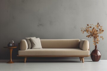 Sofa and vase with wood in front of wall. Generative AI