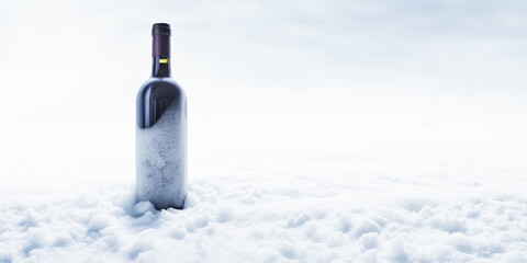 Mysterious bottle of wine nestled under pristine snow. - obrazy, fototapety, plakaty
