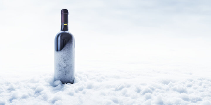 Mysterious bottle of wine nestled under pristine snow.