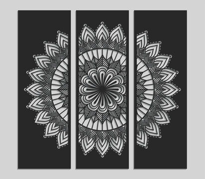 Decorative CNC Laser Cut MDF Large Mandla design, Decorative wall panel, Decorative laser cutting wall panel vector, 3 panels wall art frame laser cutting template.