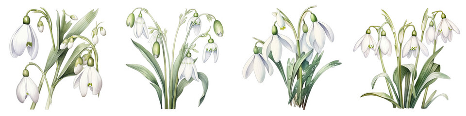 Snowdrop Botanical View On A Clean White Background Soft Watercolour Transparent Background - obrazy, fototapety, plakaty