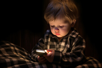 Toddler watching smartphone in bed at night