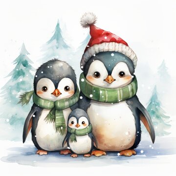 Christmas Penguins family in Santa Claus hats with gift box, Watercolor illustration isolated on white background.
