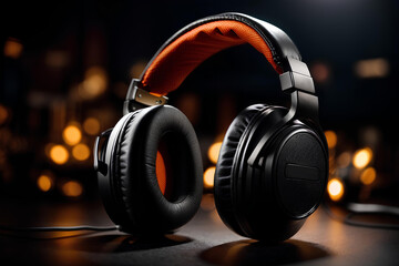 Headphones on dark background with bokeh lights. Music concept.