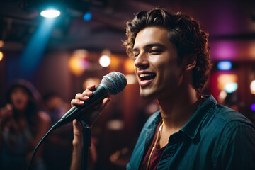 Beautiful young man singing into a microphone in a nightclub. Karaoke Singer. Music concept. - Powered by Adobe