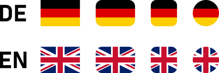 Flag Icon Set including UK United Kingdom and Germany Flags for English and German Language Selection Symbol Button. Vector Image.