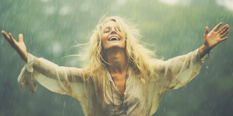 Enchanting blonde hippie woman freely dancing in the hail. - obrazy, fototapety, plakaty