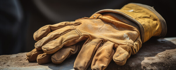 Detail on work gloves wide banner. Gloves after use in hard work - obrazy, fototapety, plakaty